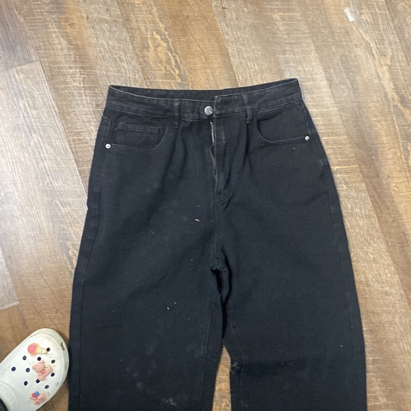 1OF A KIND UPCYCLED VINTAGE 100% COTTON BAGGY BLACK JEANS BLEACH/PAINT SPLATTER - Picture 9 of 10